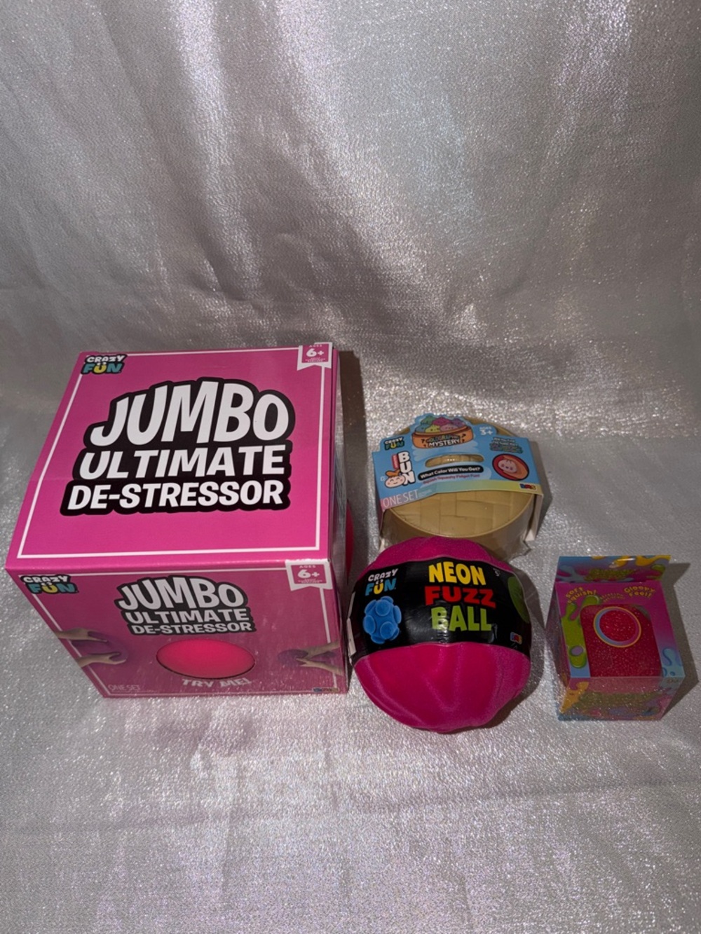 Pink Holographic Mystery Dumpling, Jumbo De-Stressor, Fuzz Ball, Gummy Gumdrop